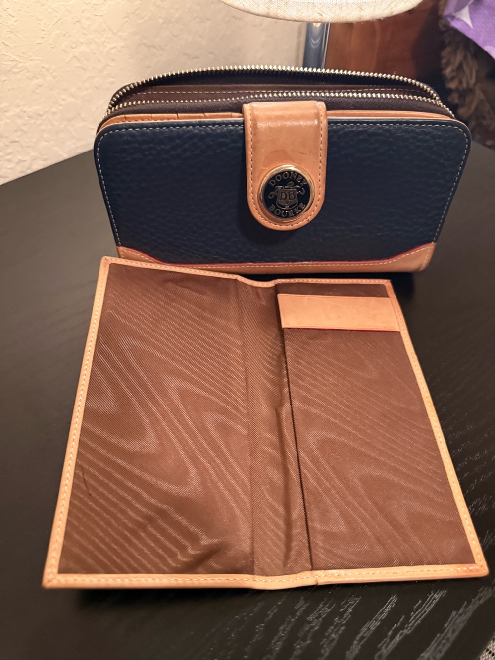 Dooney & Bourke Navy and Tan Leather Zip Wallet - Picture 3 of 7